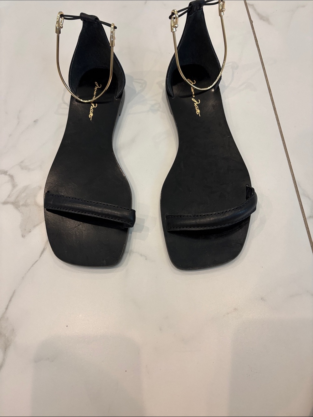 Massimo Matteo Black Flat Ankle-Strap Sandals with Gold Hardware